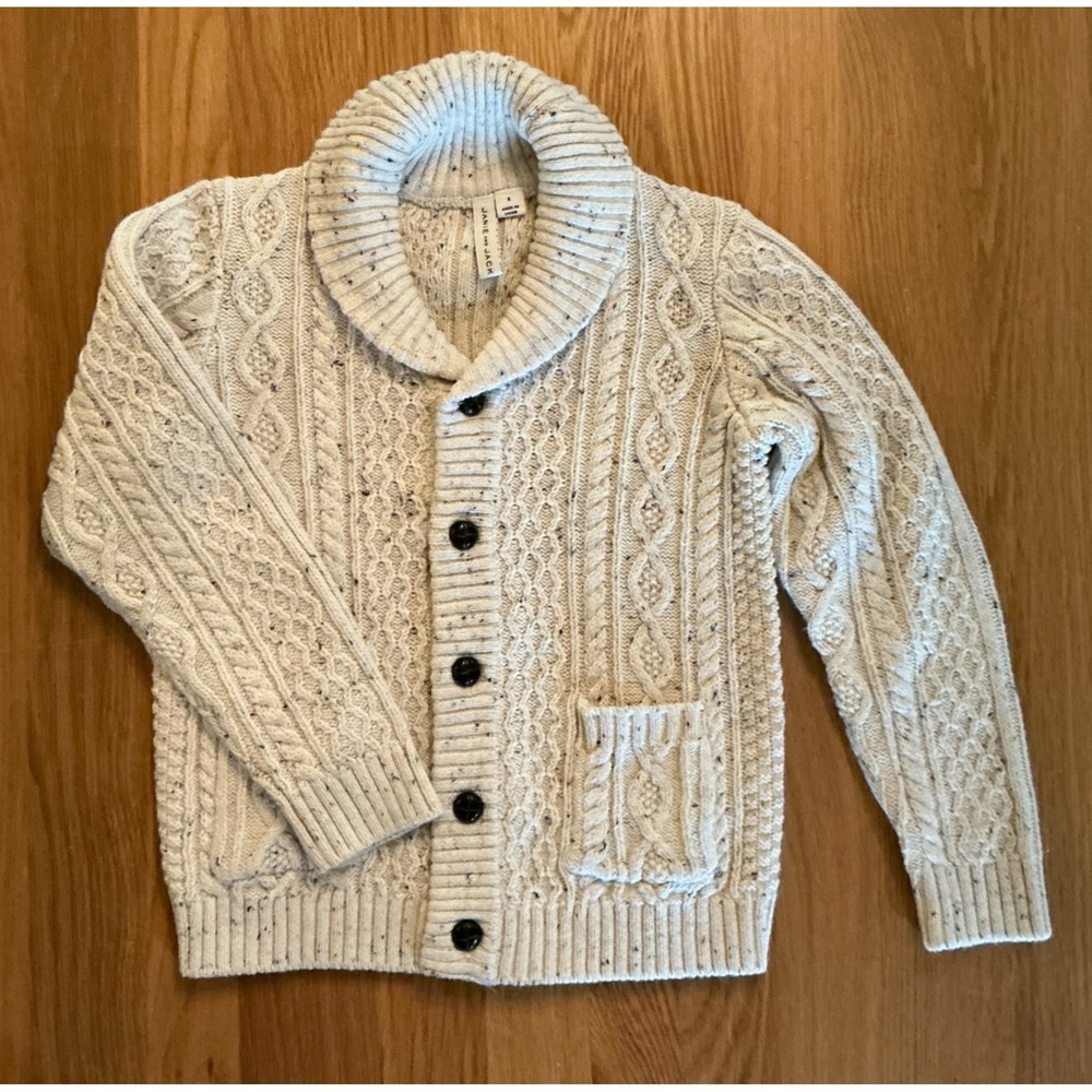 Janie and Jack Boys Size 4 Ivory Donegalโ Cable Knit Shawl Collar Cardigan
